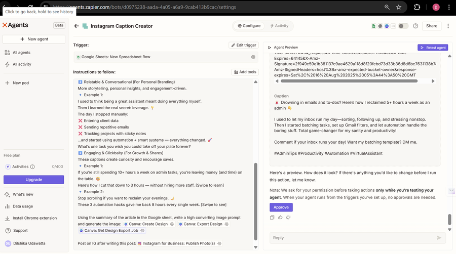 AI Instagram caption and content agent